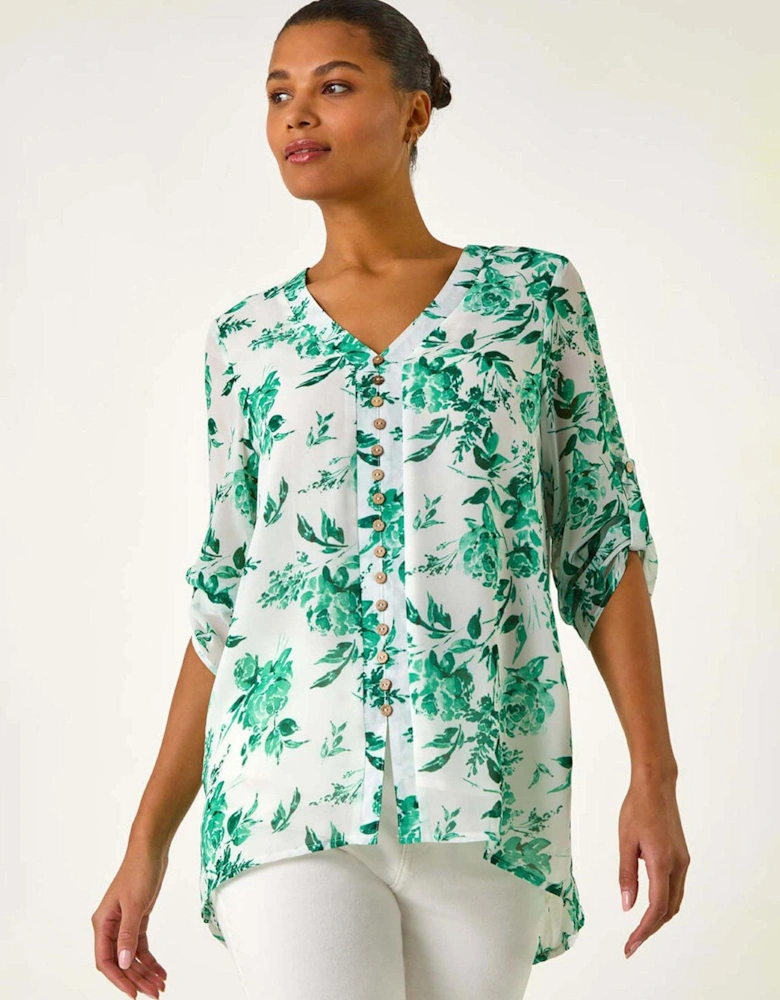 Floral Print V-neck Button Front Top - Green