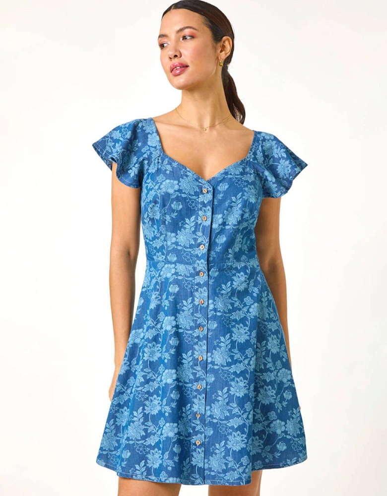 Denim Print Buttoned Mini Dress - Blue
