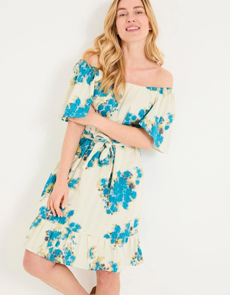 Benny Blurred Floral Midi Dress - White/ Blue