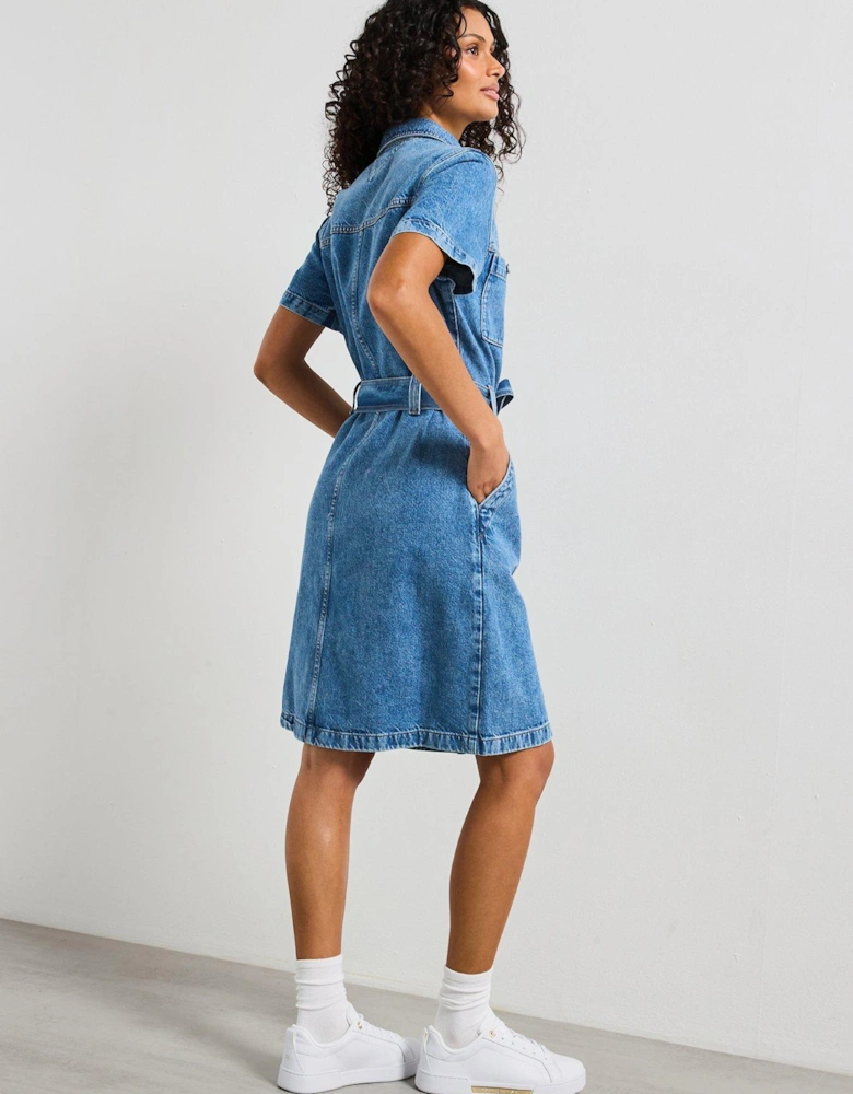 Denim Belted Mini Dress - Blue