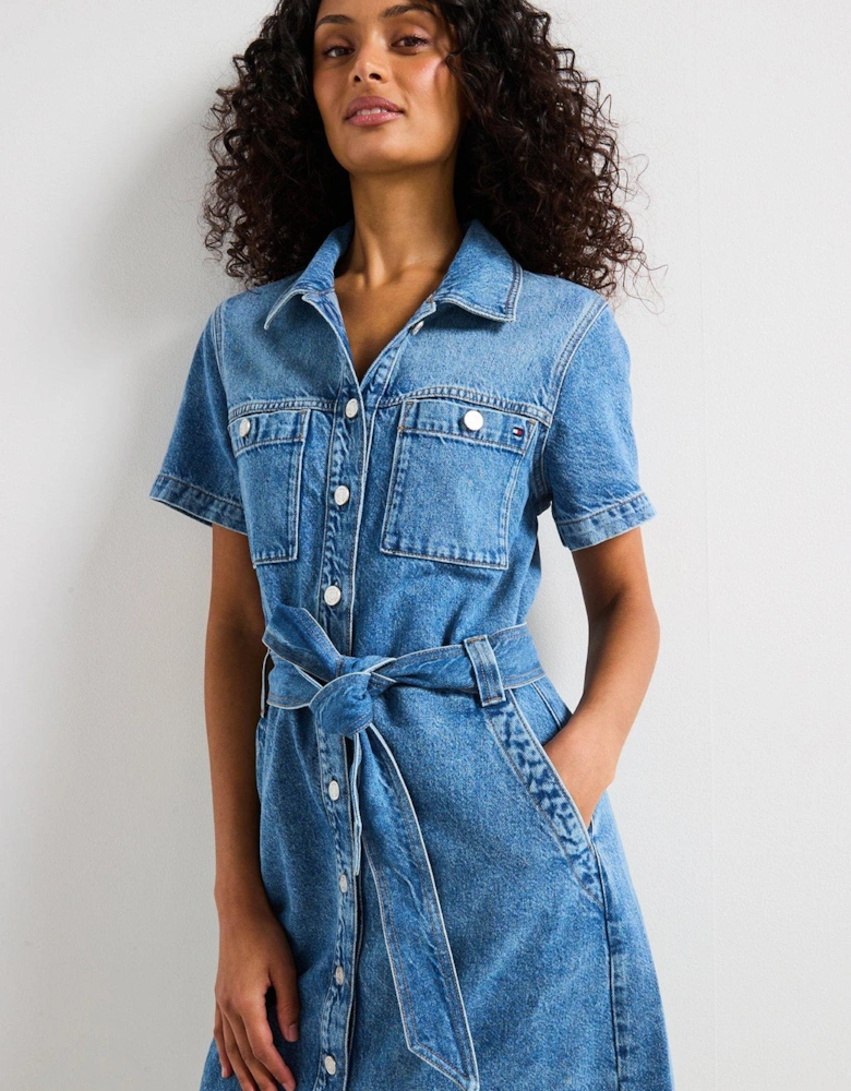 Denim Belted Mini Dress - Blue