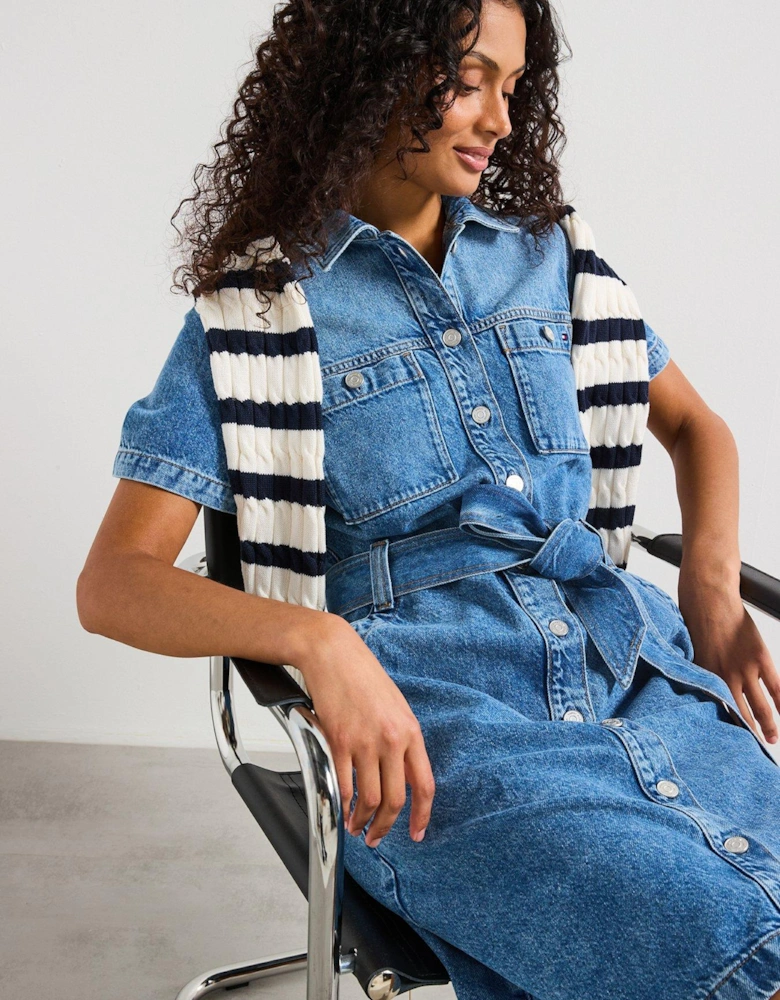 Denim Belted Mini Dress - Blue