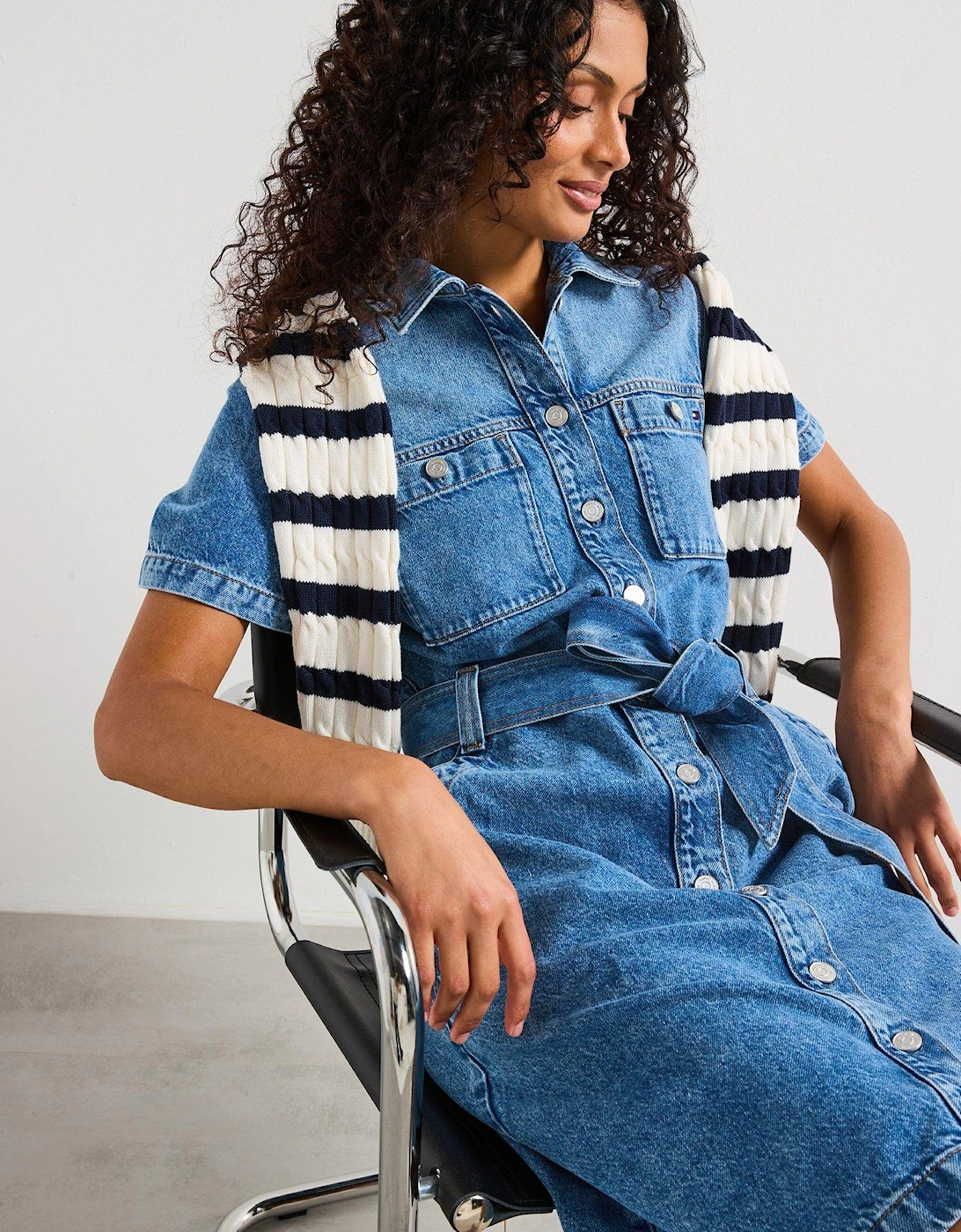 Denim Belted Mini Dress - Blue