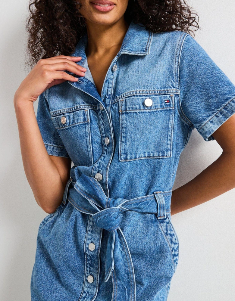 Denim Belted Mini Dress - Blue