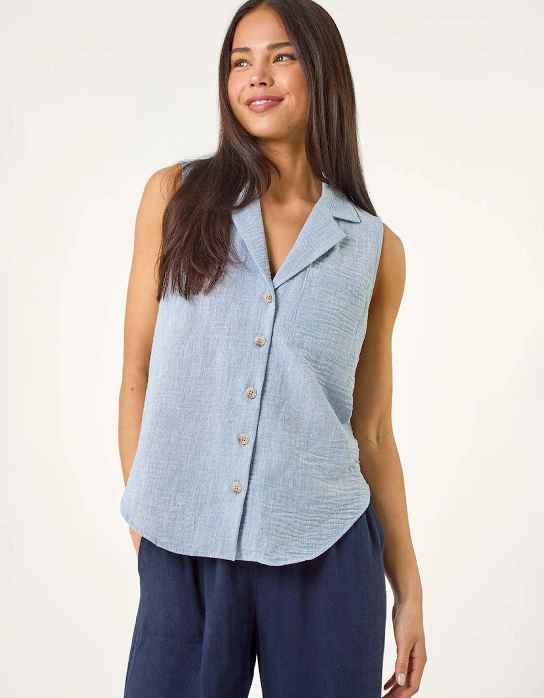 Petite Collared One Pocket Blouse - Blue, 2 of 1