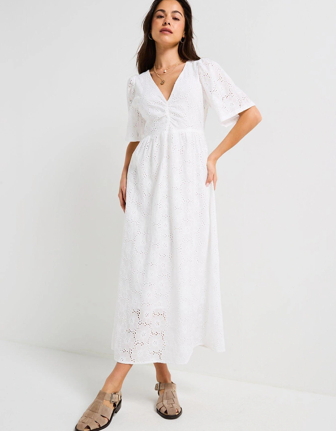 Heaven V-Neck Anglaise Dress - White