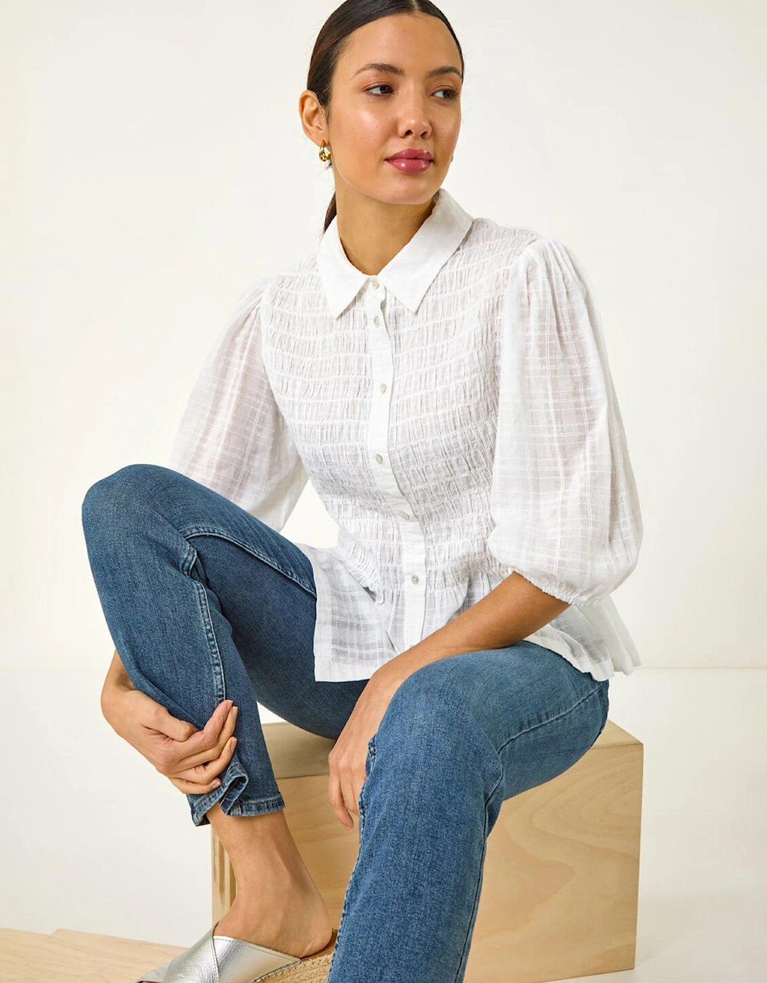 Collar Shirred Button Blouse - Ivory, 2 of 1