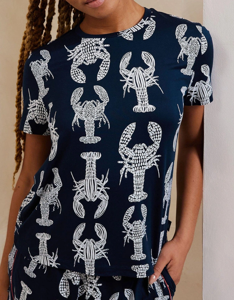 Sketch Lobster Print Crew Neck Short Pyjama Set - Navy