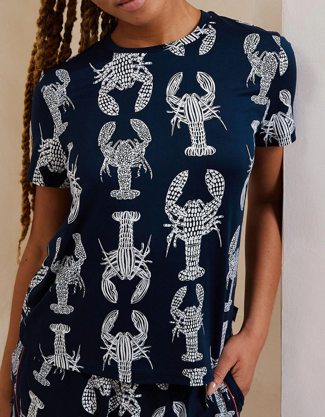 Sketch Lobster Print Crew Neck Short Pyjama Set - Navy