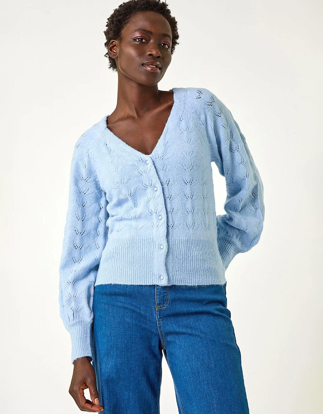 Pointelle Detail Knit Cardigan - Blue, 2 of 1