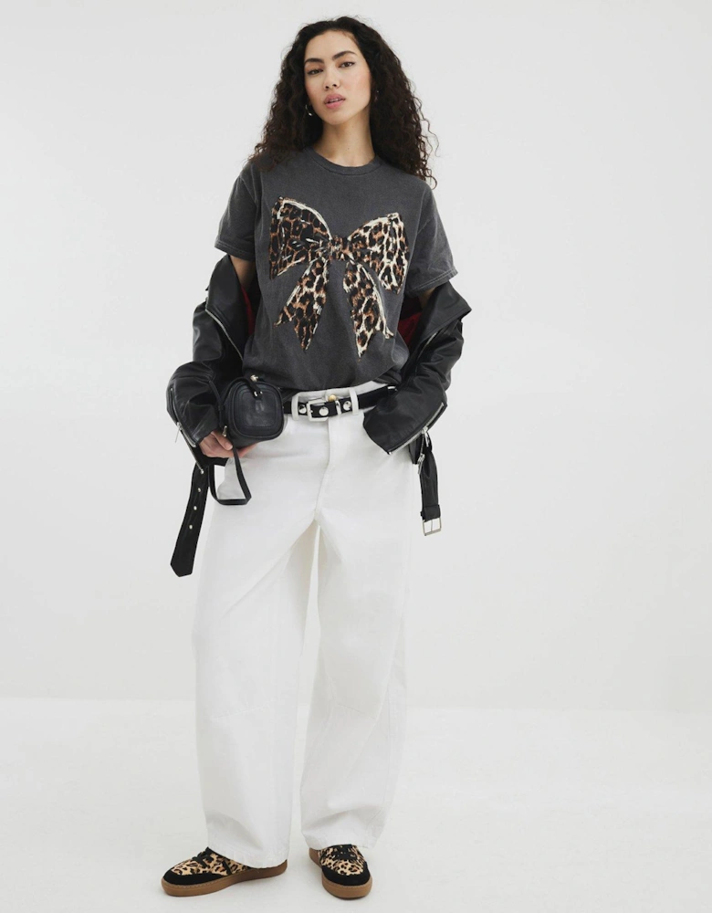 Short Sleeve Leopard Bow Washed Tee - Grey