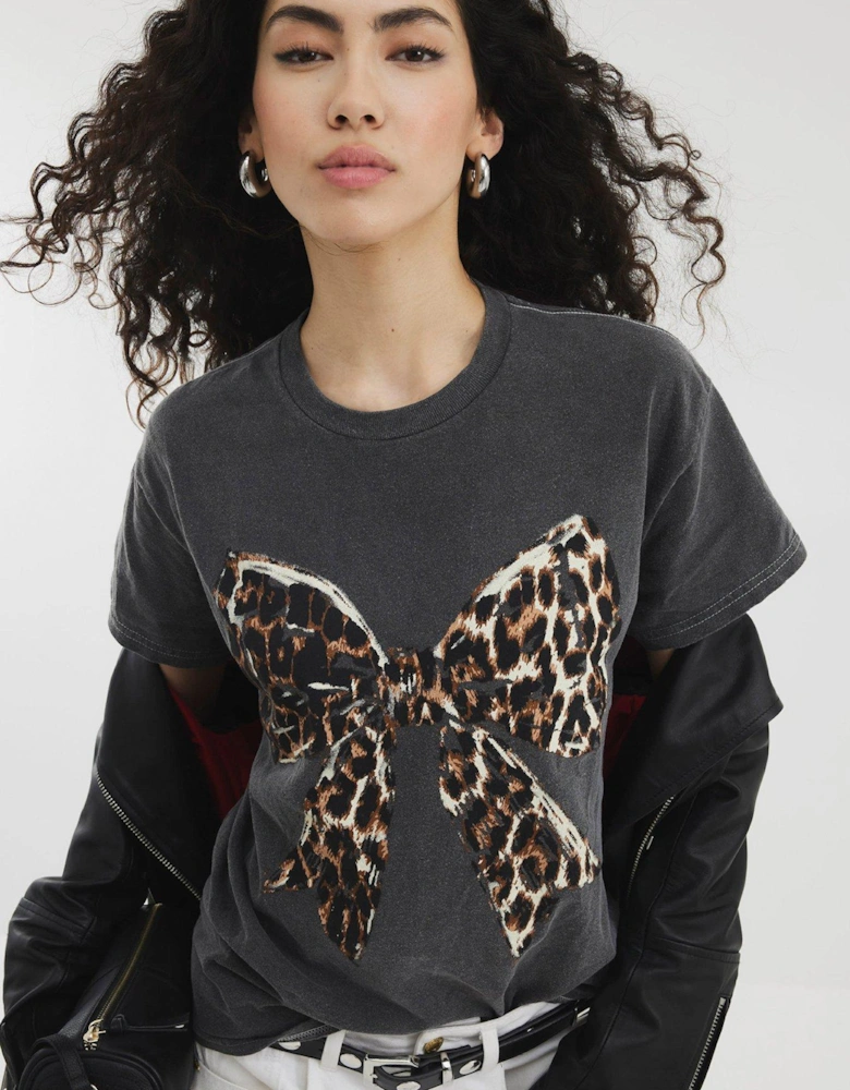 Short Sleeve Leopard Bow Washed Tee - Grey