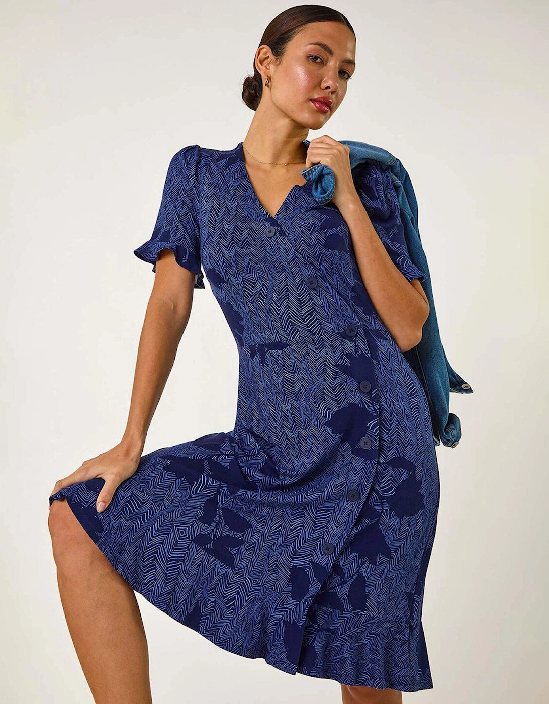 Floral Side Button Dress - Navy, 2 of 1