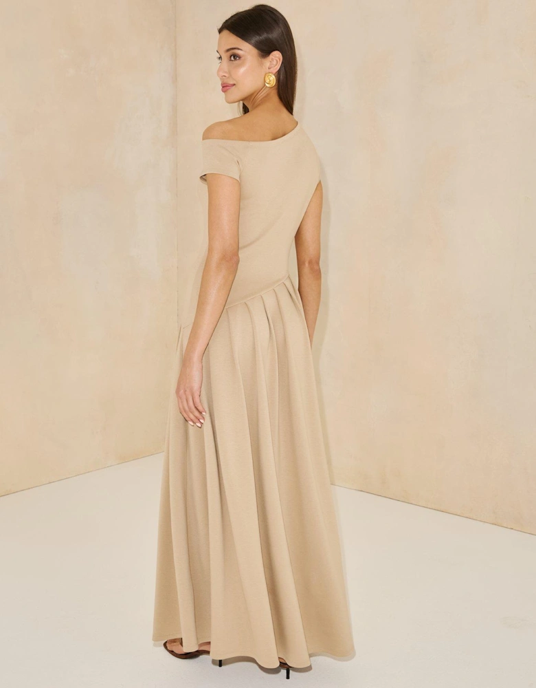 Off-The-Shoulder Curved Waist Midaxi Dress - Beige