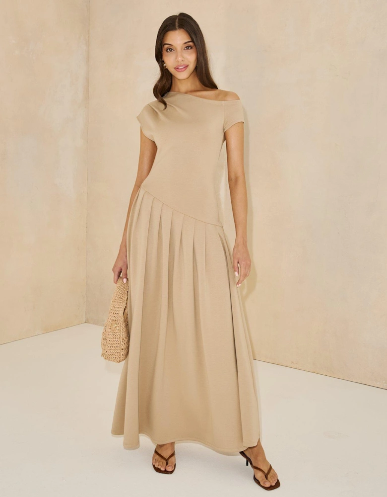 Off-The-Shoulder Curved Waist Midaxi Dress - Beige