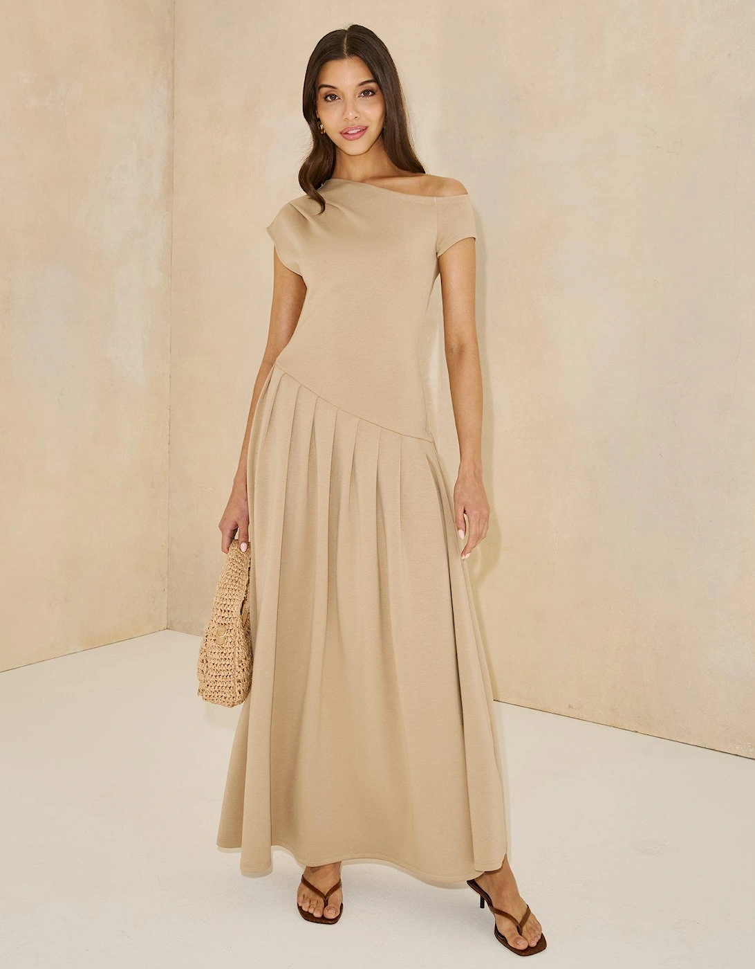 Off-The-Shoulder Curved Waist Midaxi Dress - Beige