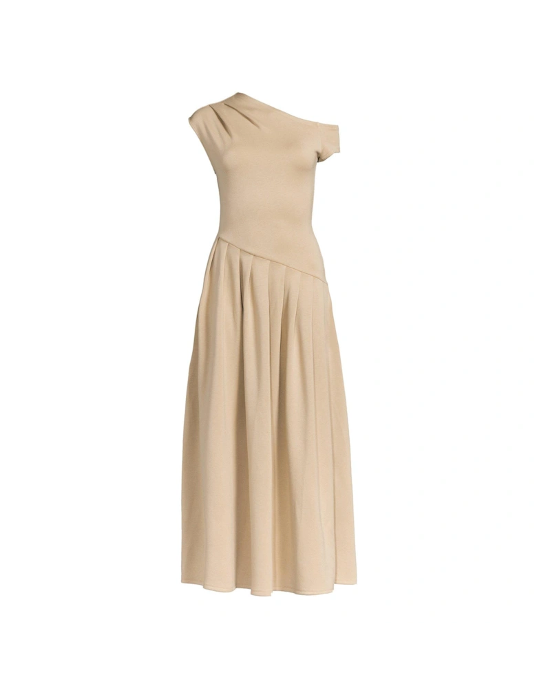 Off-The-Shoulder Curved Waist Midaxi Dress - Beige