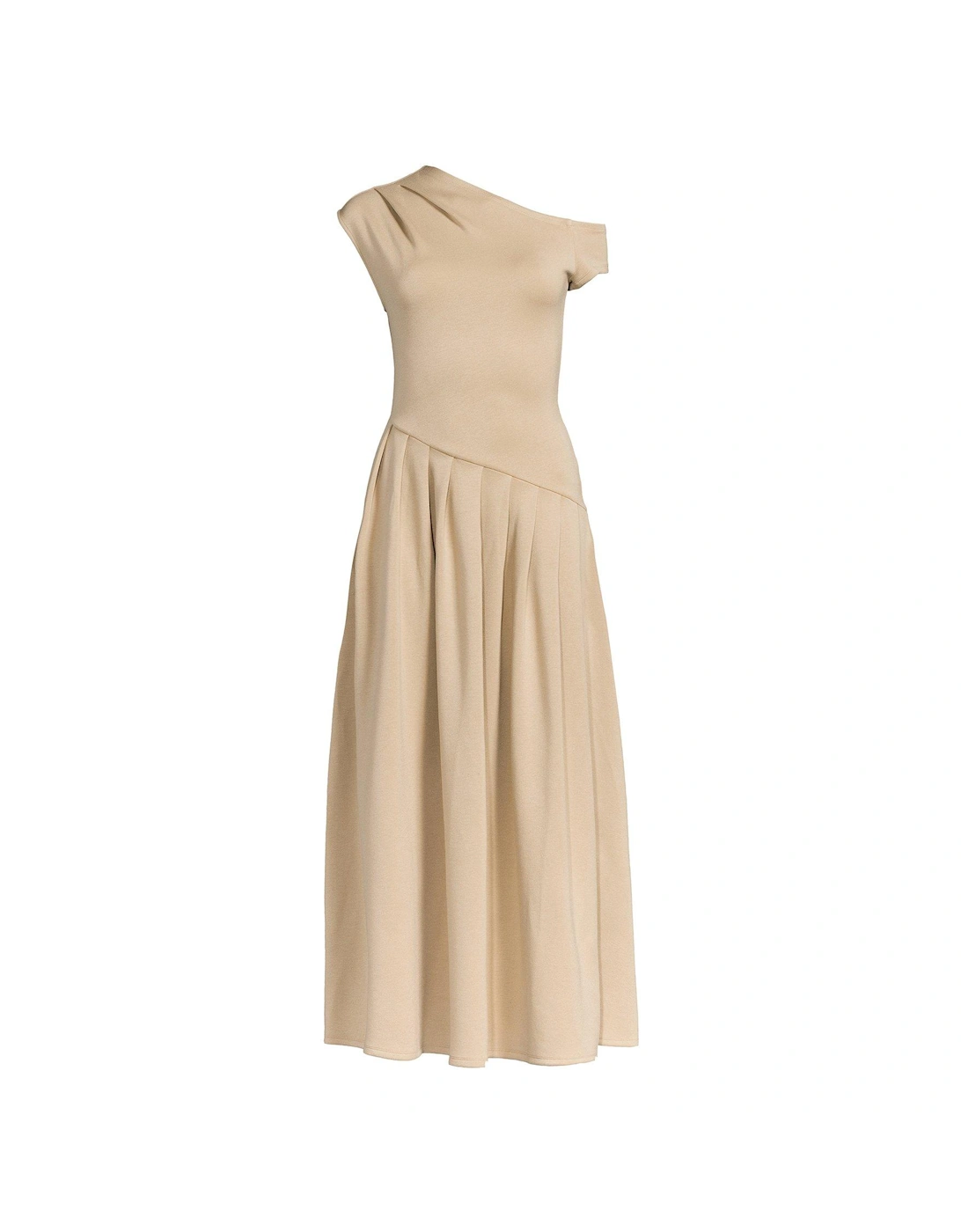 Off-The-Shoulder Curved Waist Midaxi Dress - Beige