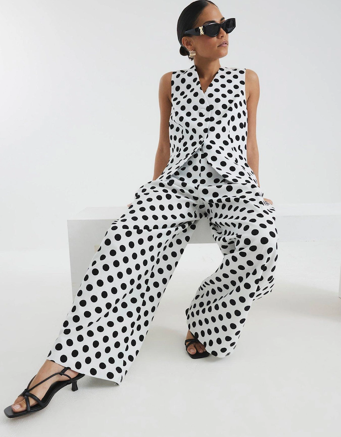Petite Polka Dot Wide Leg Trousers - White