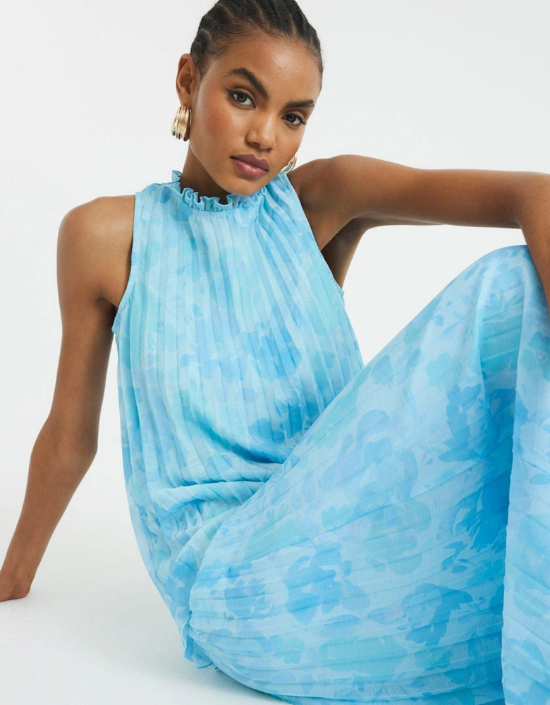 Wide Leg Plisse Trousers - Blue