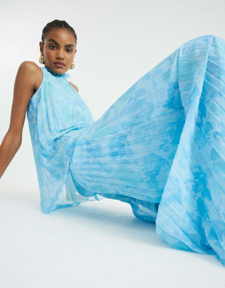Wide Leg Plisse Trousers - Blue