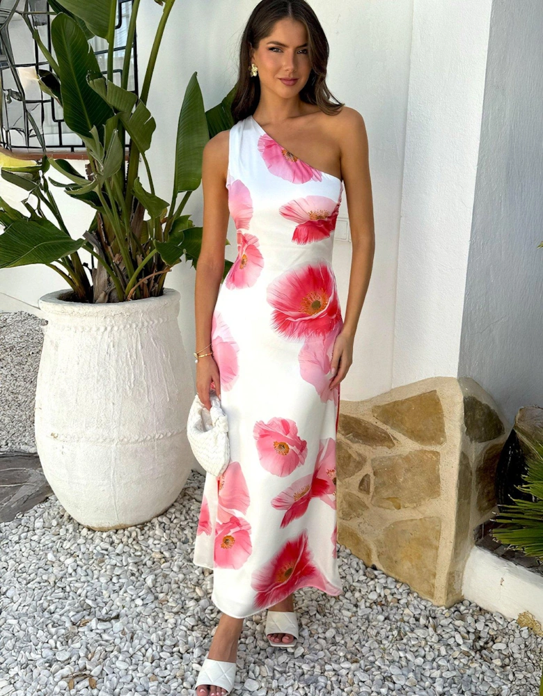 Floral Print One Shoulder Midi Dress - Cream