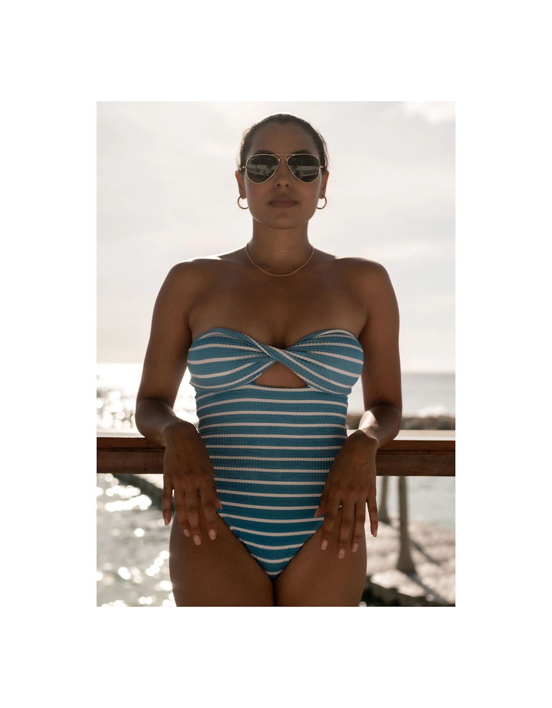 Blue Twist Front Textured Swimsuit