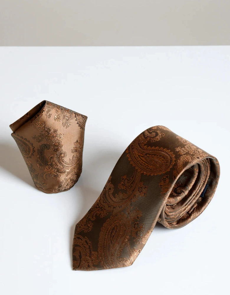 Paisley Tie & Pocket Square Set - Brown/Orange