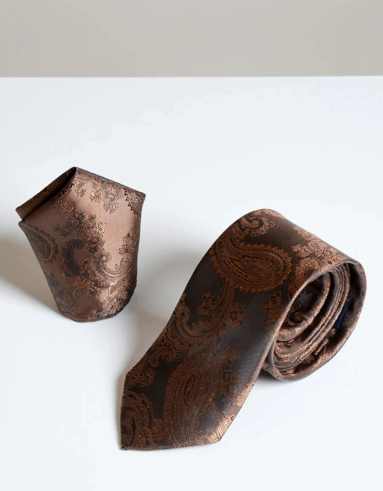 Paisley Tie & Pocket Square Set - Coco Brown