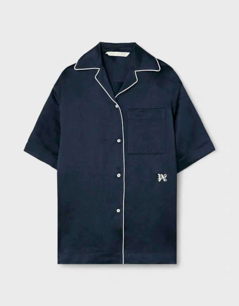 Monogram Satin Bowling Shirt Blue