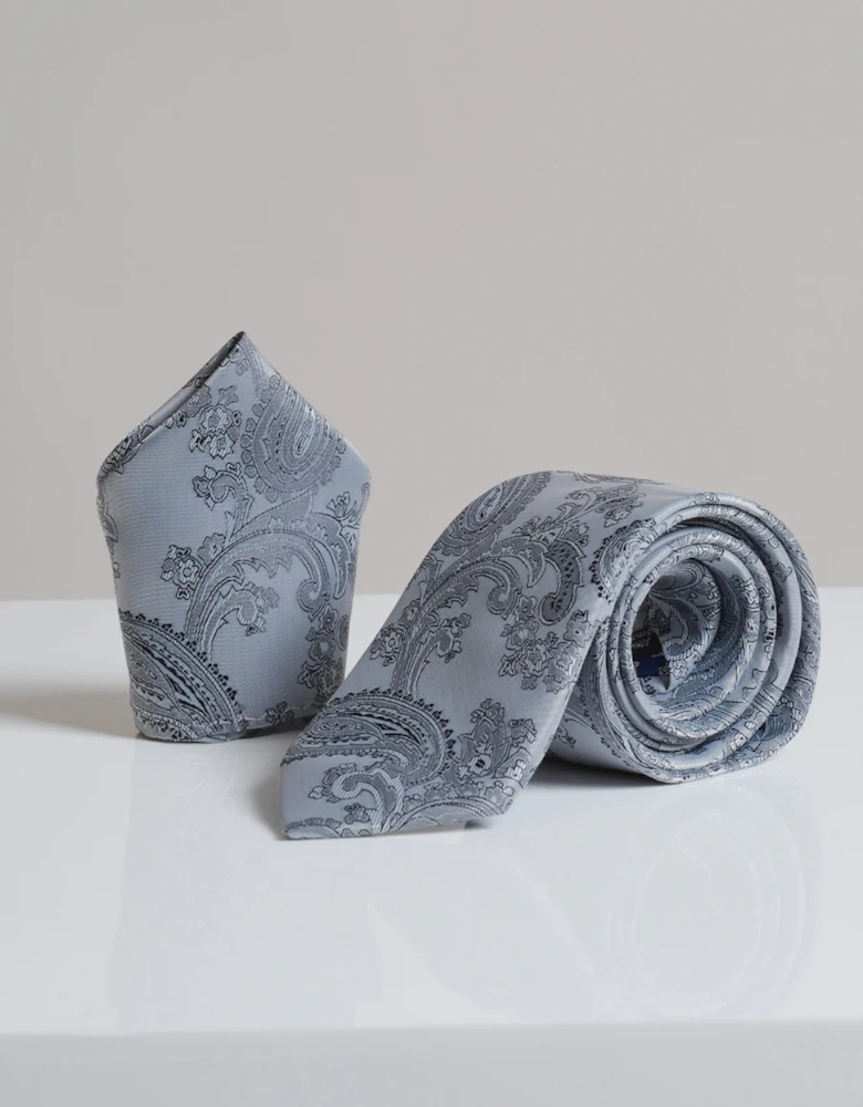 Paisley Tie & Pocket Square Set - Grey