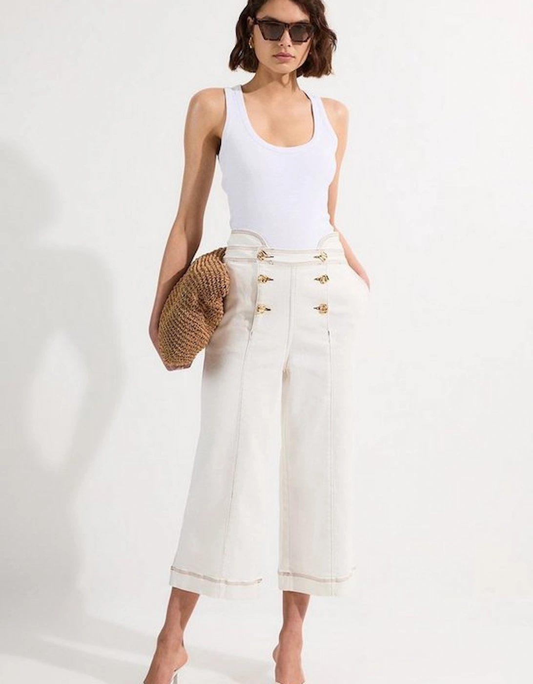 Denim Button Front Culottes Trousers, 2 of 1