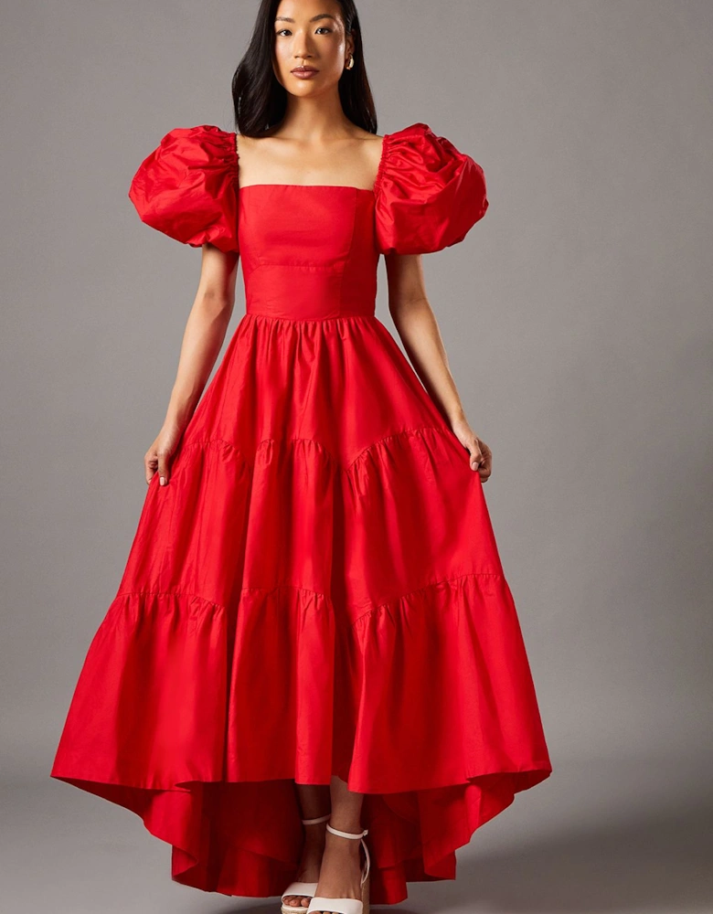 Puff Sleeve Tiered High Low Maxi Dress