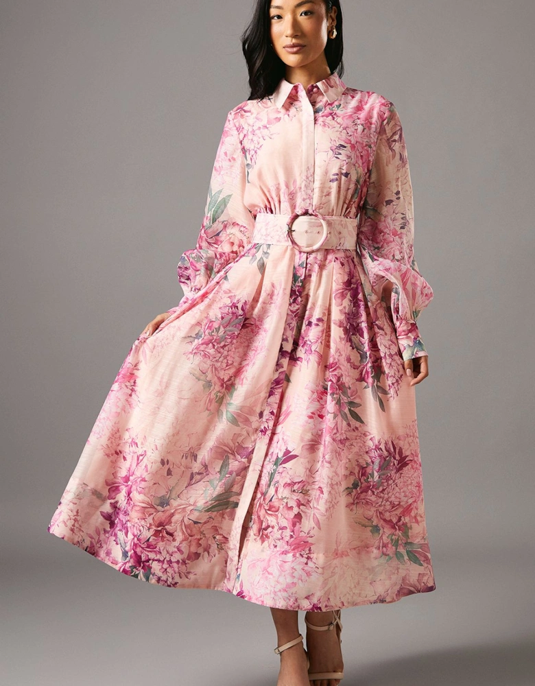 Organza Long Sleeve Midi Shirt Dress With Belt
