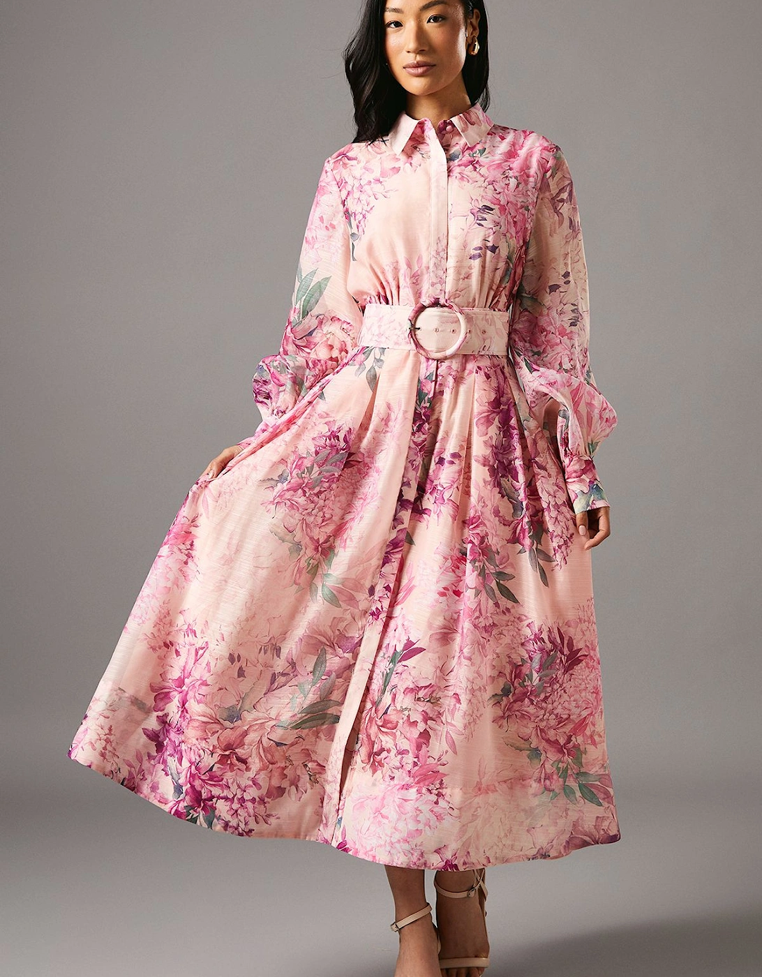 Organza Long Sleeve Midi Shirt Dress With Belt, 2 of 1