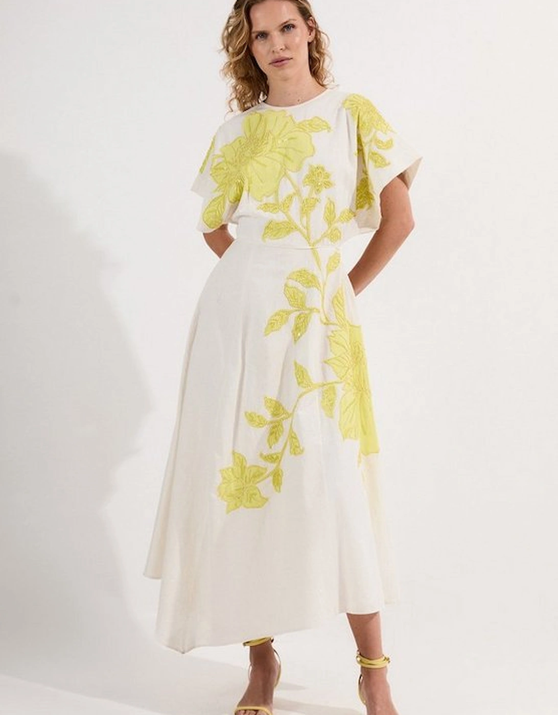 Applique And Beaded Linen Woven Midi Dress With Tie Back Detail, 5 of 4