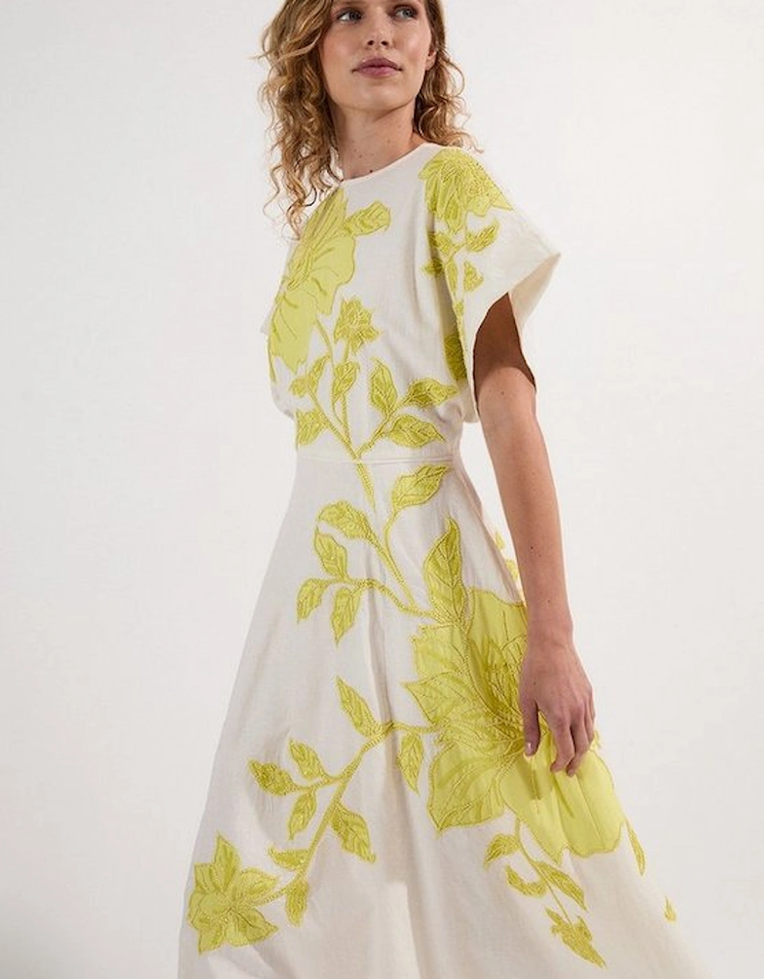 Applique And Beaded Linen Woven Midi Dress With Tie Back Detail