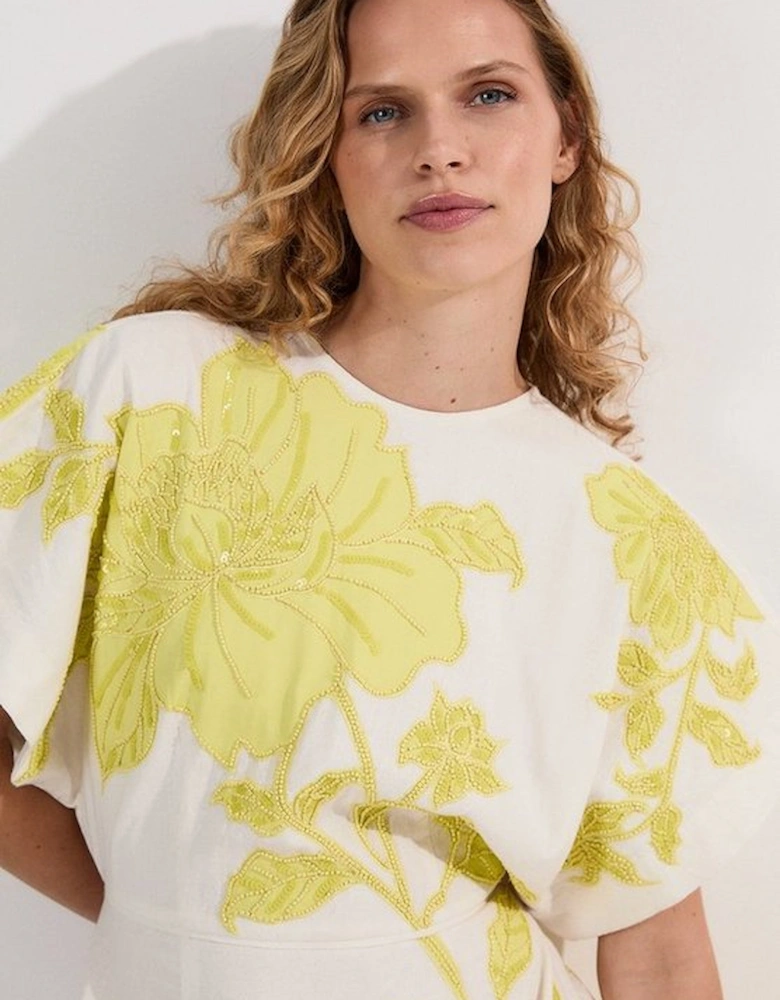 Applique And Beaded Linen Woven Midi Dress With Tie Back Detail