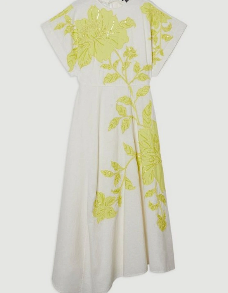 Applique And Beaded Linen Woven Midi Dress With Tie Back Detail