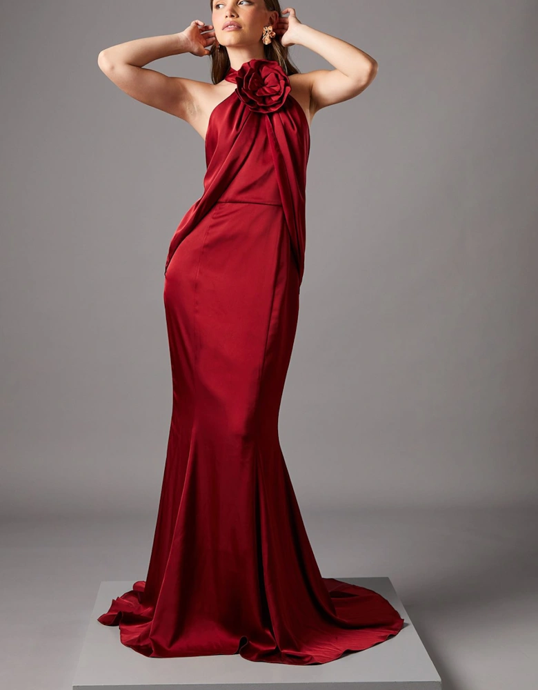 Halterneck Satin Maxi Dress With Flower