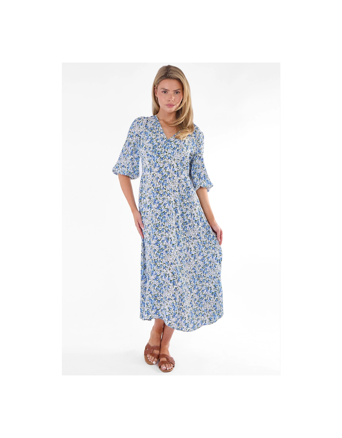 Blue Floral Print Viscose Midi Dress, 5 of 4
