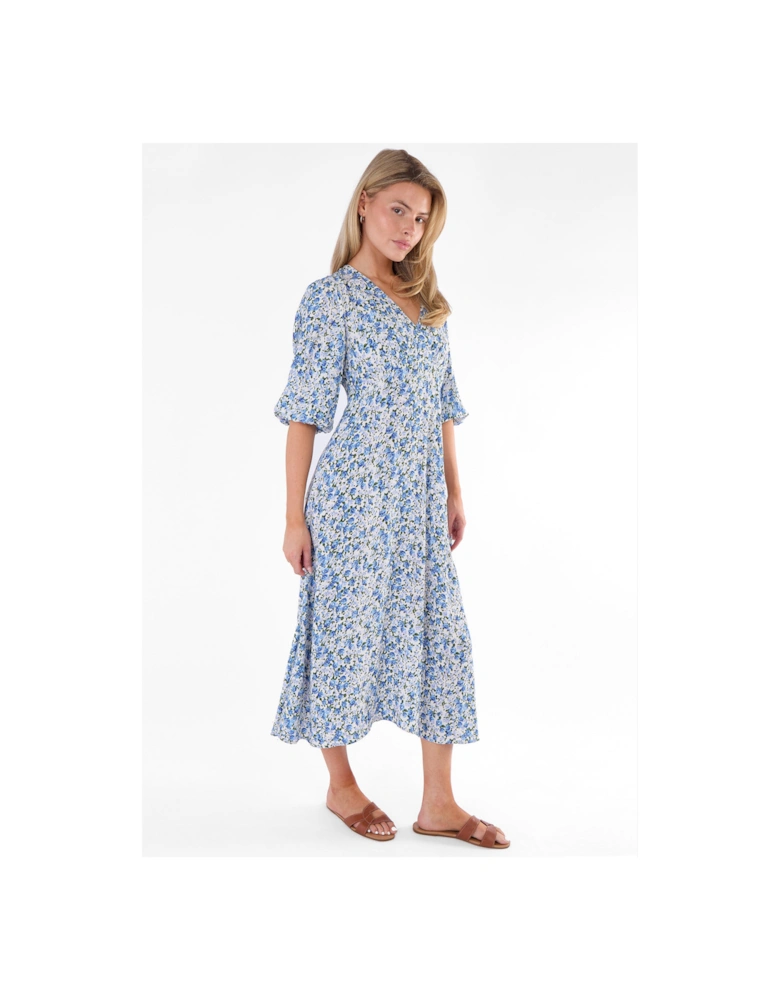 Blue Floral Print Viscose Midi Dress