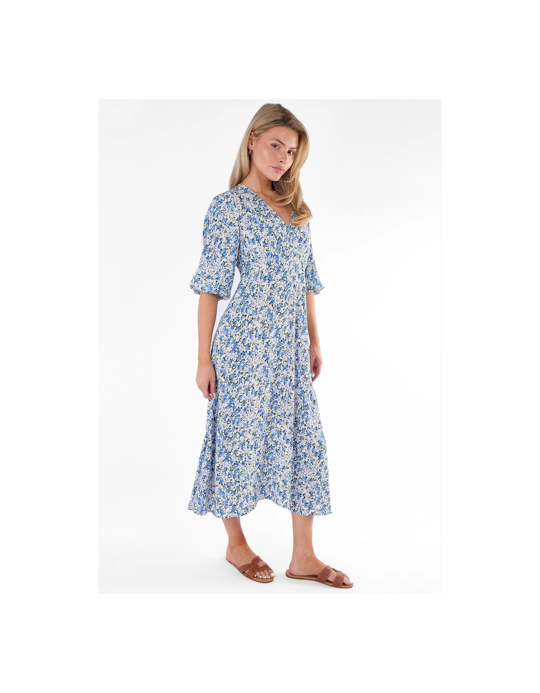 Blue Floral Print Viscose Midi Dress