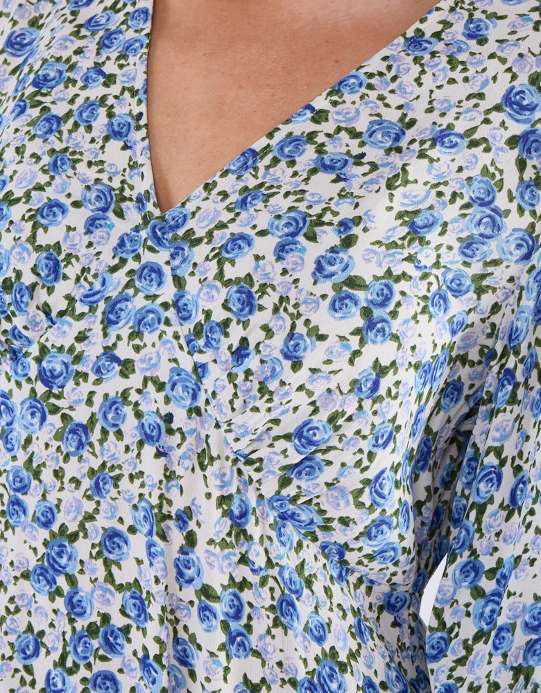 Blue Floral Print Viscose Midi Dress