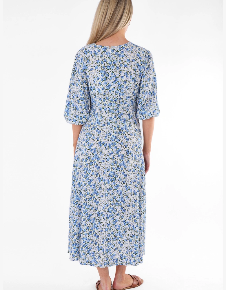 Blue Floral Print Viscose Midi Dress