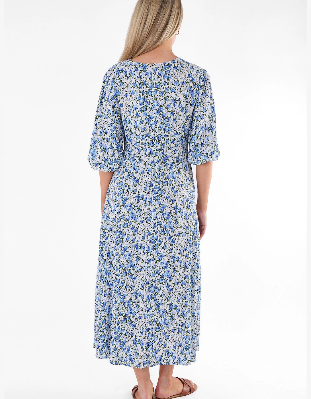 Blue Floral Print Viscose Midi Dress