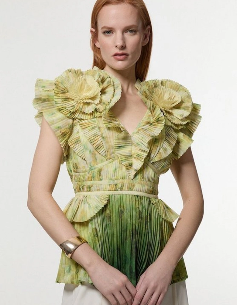 Crinkle Pleat Border Print Blouse With Rosette Detail