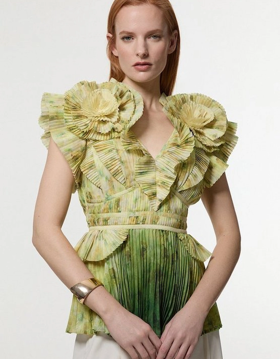 Crinkle Pleat Border Print Blouse With Rosette Detail, 2 of 1