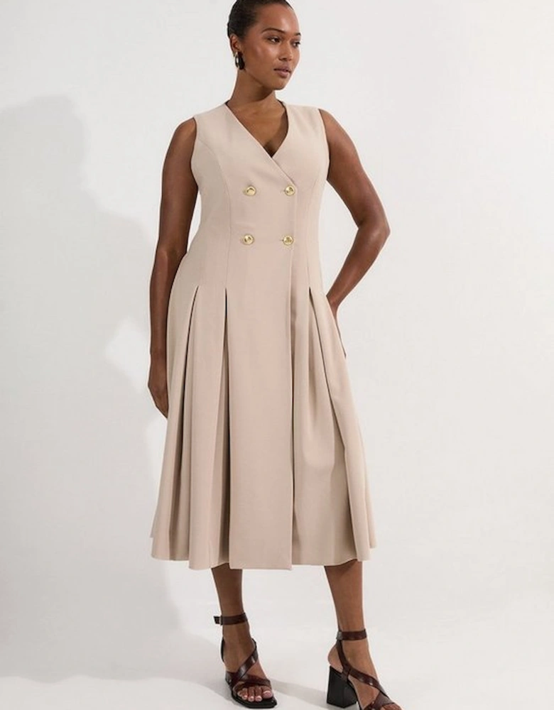 Plus Size Compact Stretch Sleeveless Full Skirted Button Front Tailored Midi Dress