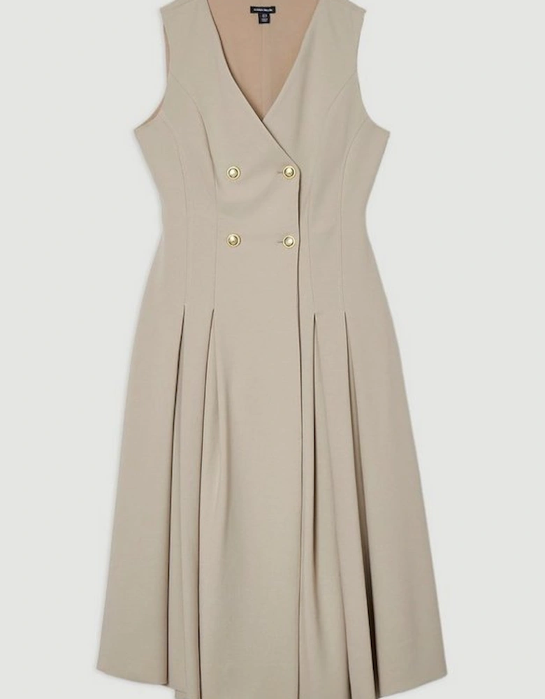 Plus Size Compact Stretch Sleeveless Full Skirted Button Front Tailored Midi Dress